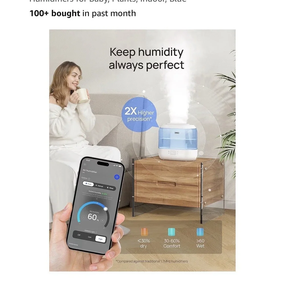 4L Smart Humidifiers for Bedroom, Quiet Supersized Cool Mist Ultrasonic Humid...